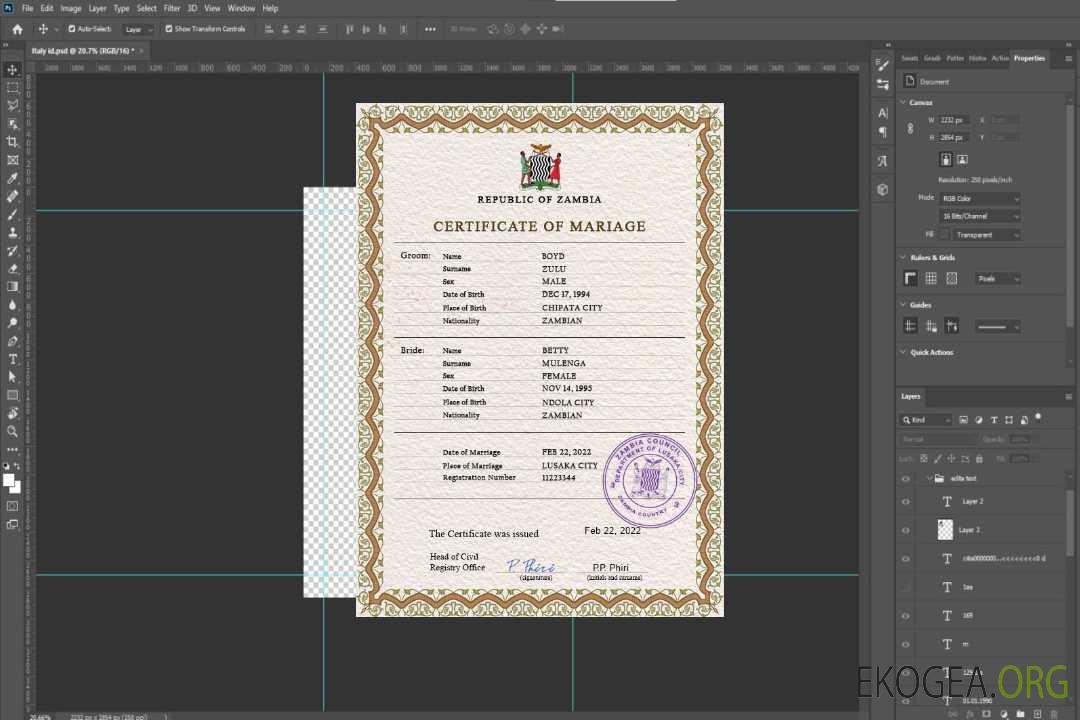 Modèle PSD de certificat de mariage en Zambie template